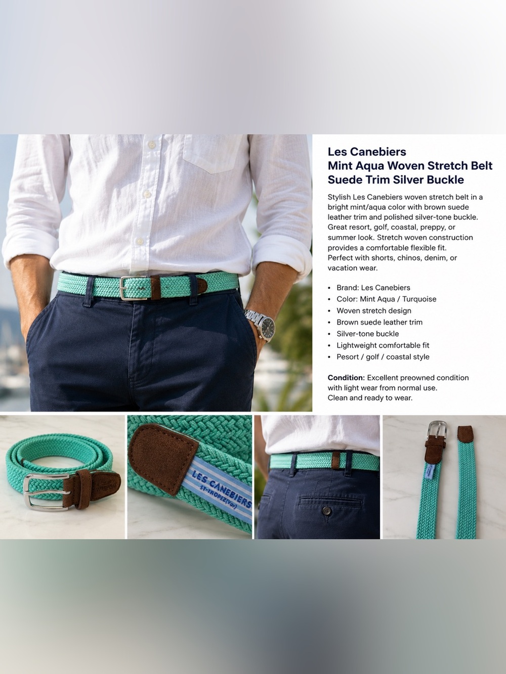 Les Canebiers Mint Aqua Woven Stretch Belt Suede Trim Silver Buckle Resort Golf